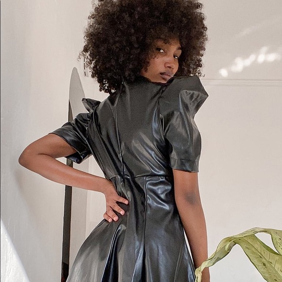 Lulu’s Black Vegan Leather Puff Sleeve Mini Dress - Picture 2 of 11
